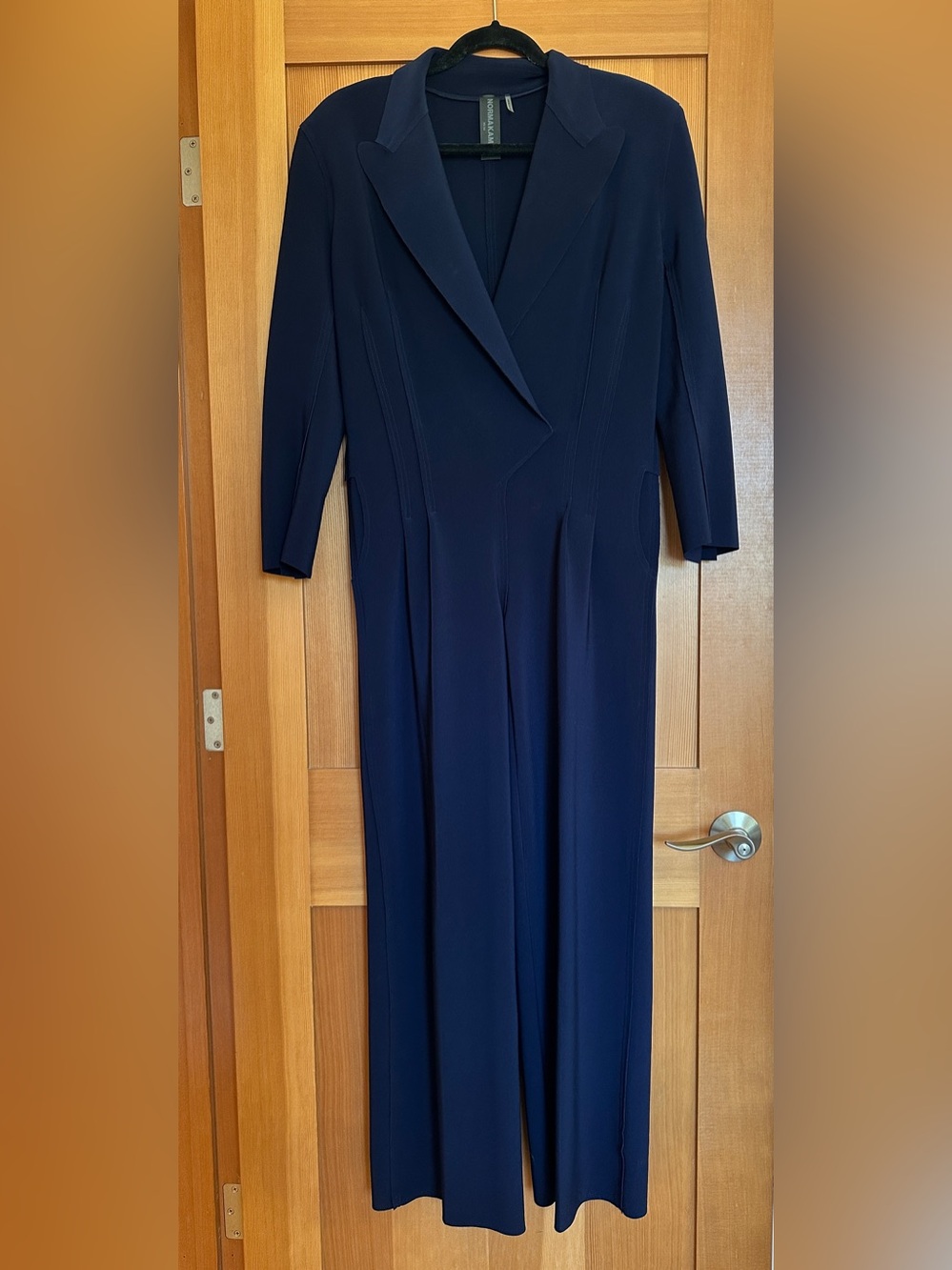 Norma Kamali Navy Long Sleeve V-Neck Jumpsuit